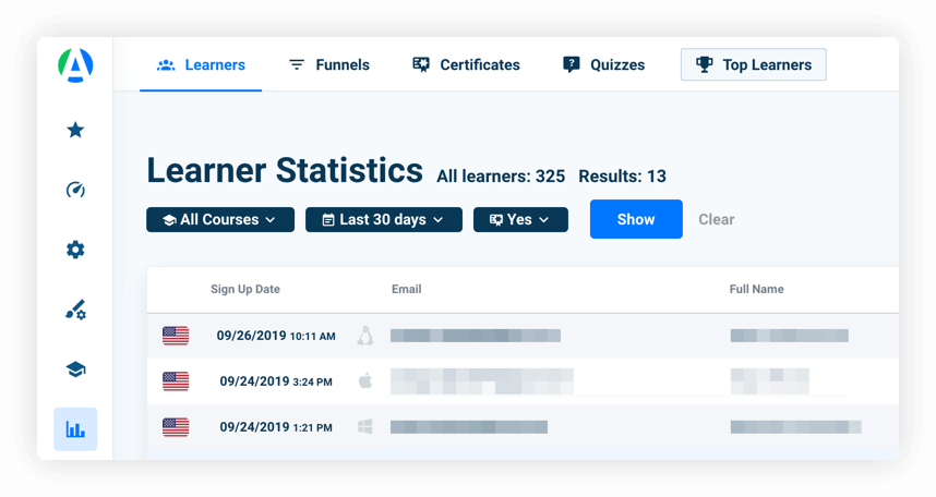 Filters for learners’ statistics