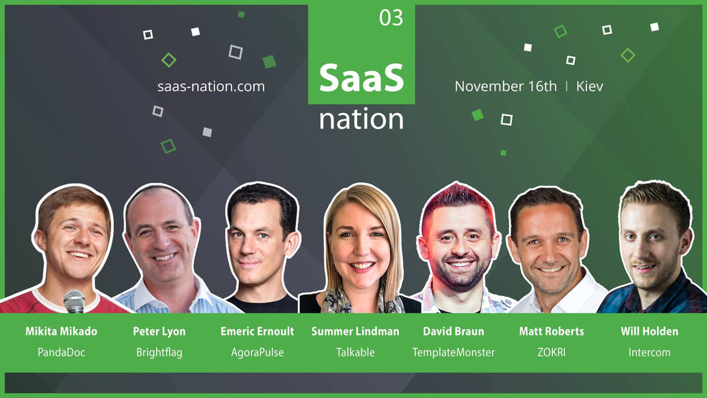 a poster with seven participants at SaaS Nation 2018