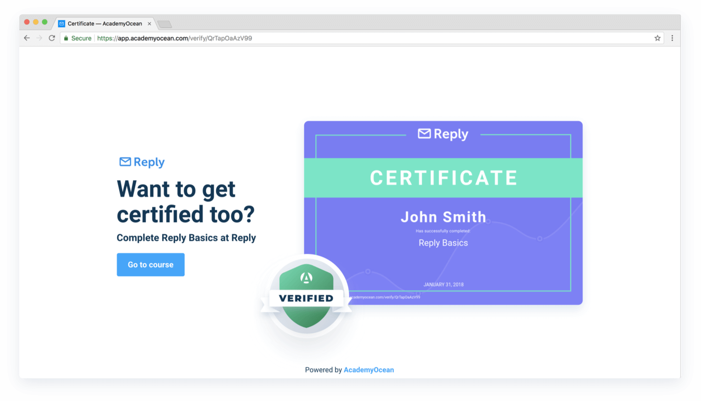 a certificate of John Smith for Reply.io